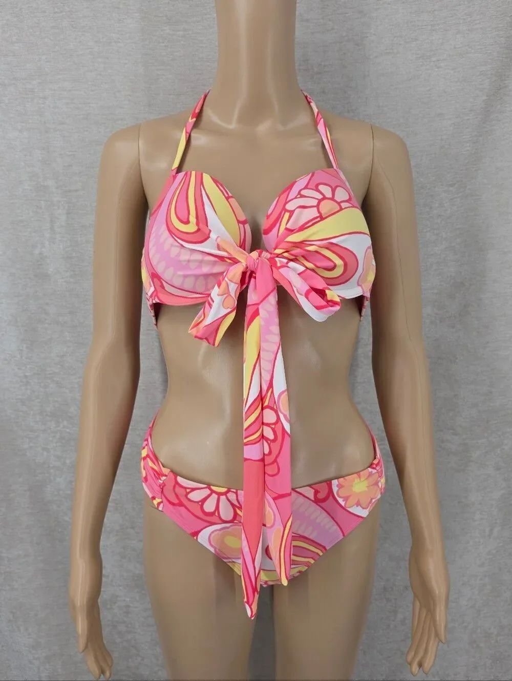 Aerie Pink & Yellow Floral Tie-Front Bikini Swimsuit